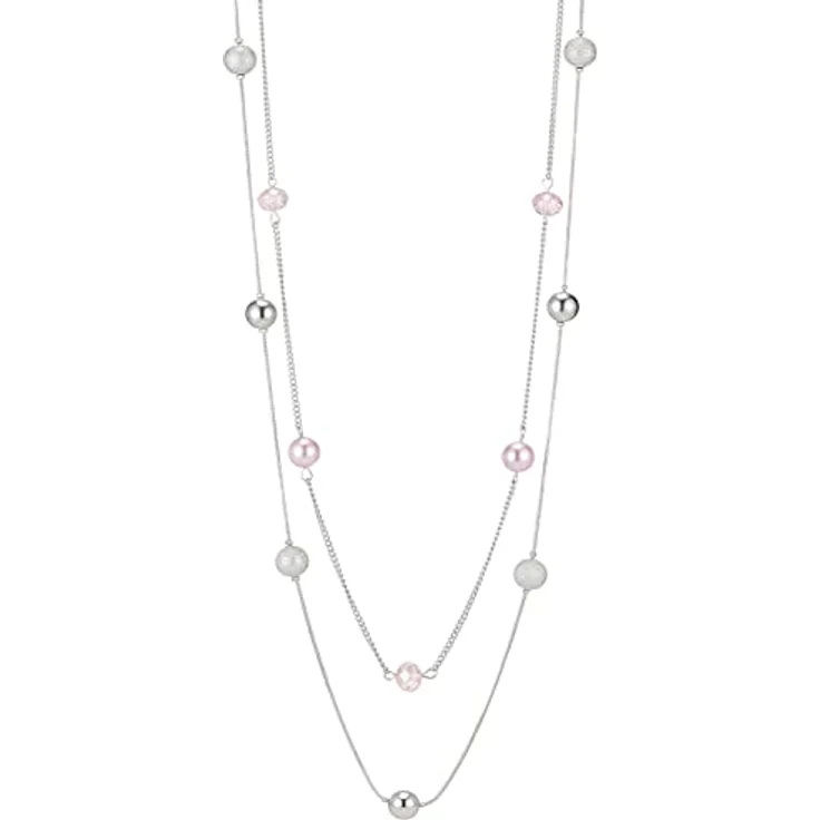 FULU AUTUMN Damen Statement Kette, Lange Perlenkette in Pink und Silber, Zwei Strang Modeschmuck Halskette, verstellbare Längen 39-43 Zoll – Bild 1