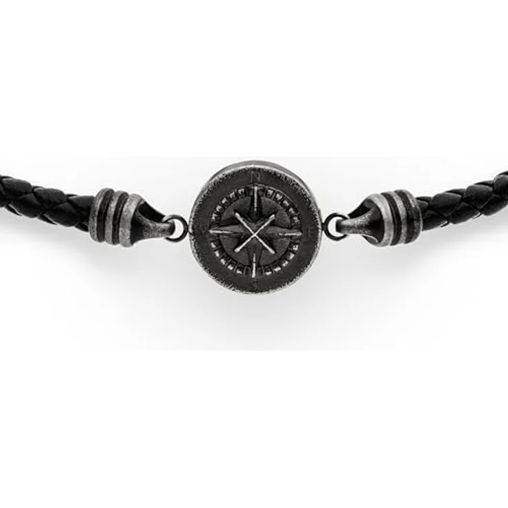 s.Oliver Herren Armband aus schwarzem Echtleder mit mattiertem Edelstahl und Kompass-Tag, 22 cm, stilvolles Geschenk – Bild 2
