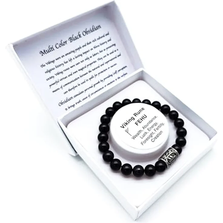 AB Viking Crafts Wikinger Futhark Rune Edelstein Armband aus Schwarzem Obsidian, 18 cm, mit Rune FEHU für Schutz, Glück und Energie in Geschenkbox – Bild 2