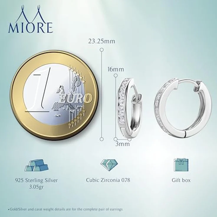 MIORE Ohrringe Silber 925, Creolen 16 mm mit 18 Zirkonia Steinen, runde Hoops für Damen in edler Schmuckbox – Bild 3