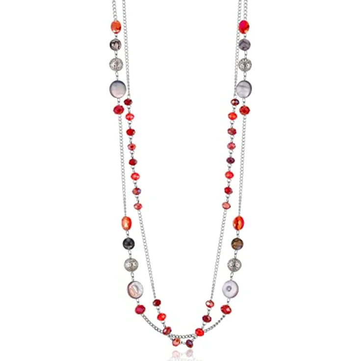 FULU AUTUMN Damen Statement Kette, Lange Perlenkette mit Kristall und Achatmuscheln, Silber, 35 cm + 2,7 cm Verlängerung, ideales Geschenk für Frauen (Rot) – Bild 1