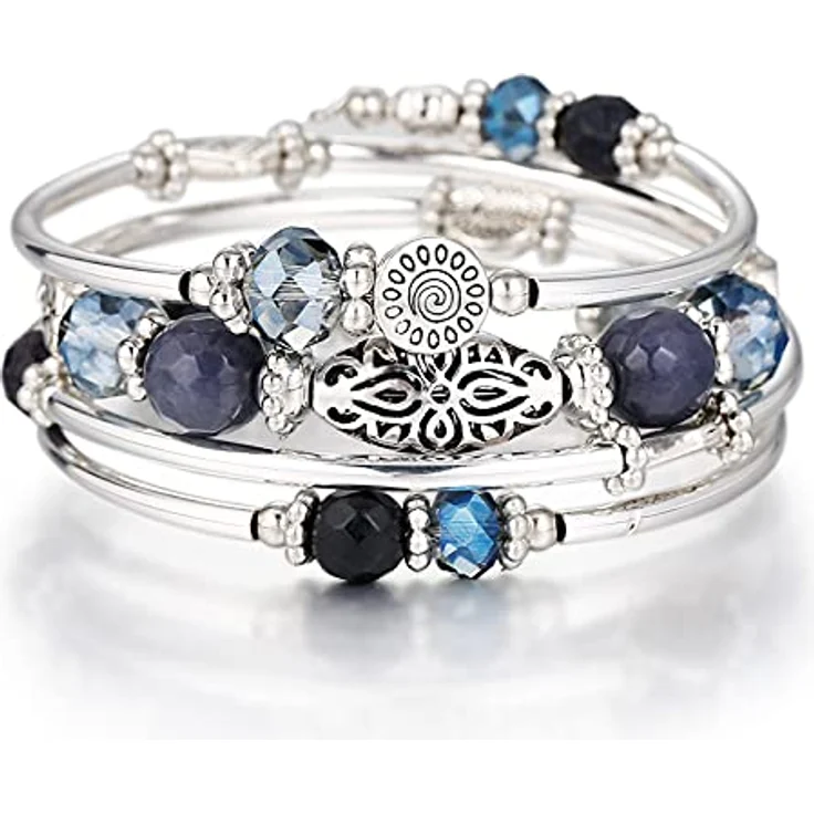 FULU AUTUMN Damen Boho Armband, Mehrschichtiges Perlen Wickelarmband mit Silber und Kristallen, blau – Bild 1