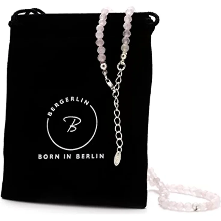 BERGERLIN Rosenquarz Halskette, rosa Kette aus 925 Sterling Silber, M-L, facettierte Perlen, echt geprüfter Rosenquarz – Bild 3