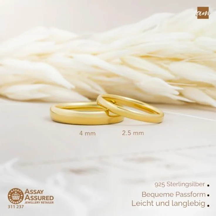 Amberta Hochzeitsringe, Eheringe für Paare aus 925 Sterling Silber mit Gelbgold- oder Roségold-Beschichtung, Ringstärke 2.5 mm, Größe 67 – Bild 5