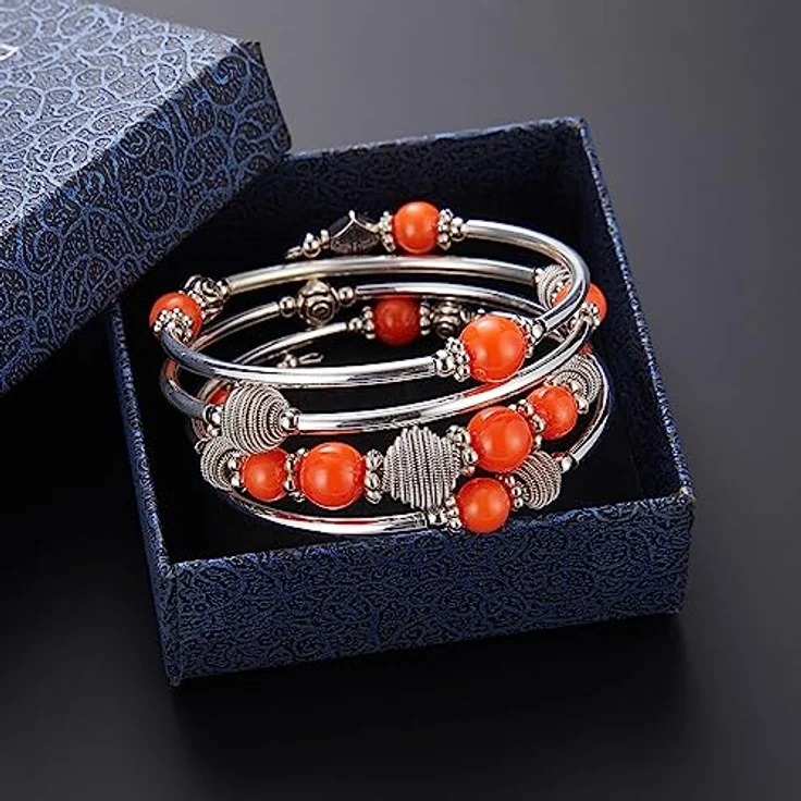 Bulinlin Silber Wickelarmband mit Naturstein Perlen, Boho Mehrschichtiges Damen Armband, Orange, Geschenkbox für Geburtstage – Bild 5