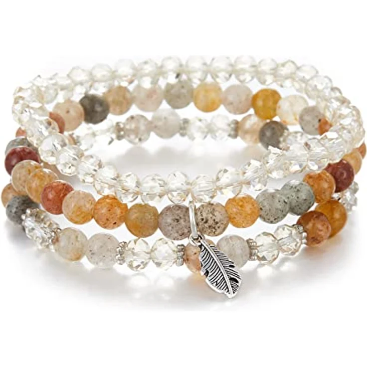 FULU AUTUMN Perlenarmband Set, Mehrschichtiges Boho Damen Armband in Braun, Handgefertigt mit Naturstein und Kristall, Stretch Design, Ideal als Geburtstagsgeschenk für Frauen – Bild 1