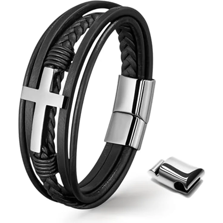 UNIQAL Kreuz Lederarmband Herren „HEAVEN“ | Echtleder Armband mit Kreuz, schwarzes Cross Bracelet, verstellbarer Magnetverschluss, Geschenkbox inklusive, 19 cm + Verlängerung – Bild 1