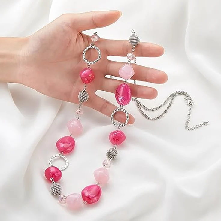 Bulinlin Silber Perplen Lange Kette, Boho Statement Chain Halskette aus Harz- und Metallperlen, 35+3 Zoll, Dunkel Hell Pink – Bild 5
