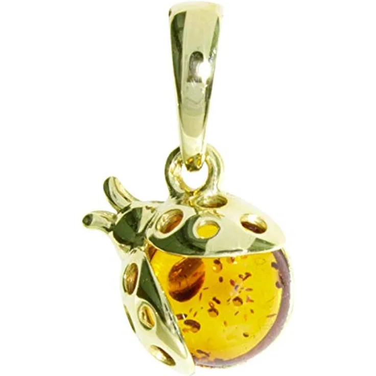 Ostsee-Schmuck Marienkäfer Anhänger aus Silber 925, vergoldet mit cognacfarbenem Bernstein, Kettenanhänger