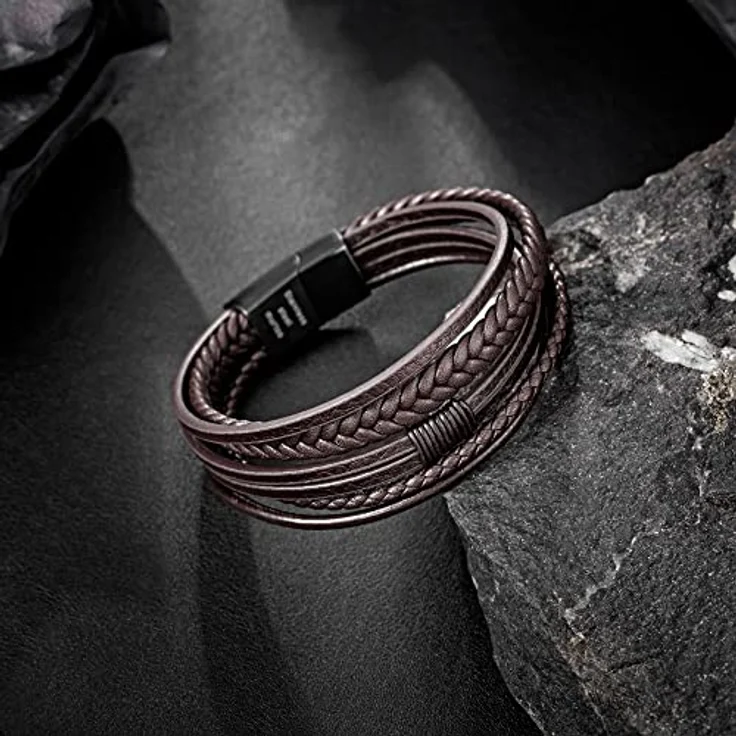 Speroto Lederarmband für Herren, geflochtenes Herren Armband aus Rindsleder und Edelstahl, Braun Style C, 23 cm – Bild 3