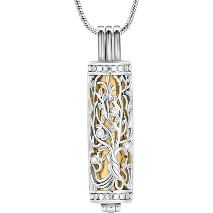 VCCWYQK Zylinder Kremation Schmuck Baum des Lebens, Edelstahl Halskette für Asche mit Gravur, 50,8 cm + 5,1 cm Verlängerung – Bild 1