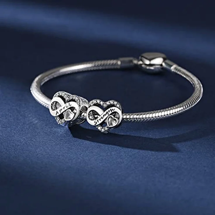 BIZK Unendlichkeit Herz Geburtsstein Charm Anhänger, 925 Sterling Silber, für April, Geschenk für Armband und Halskette – Bild 2