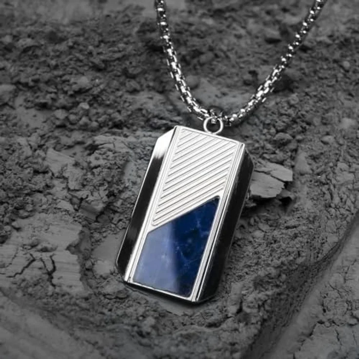 HOLZKERN Herren-Halskette Dog Tag Anhänger aus Edelstahl 316L mit Sodalith-Einlage, 55 cm, Silberfarben, modisch und anpassbar – Bild 2