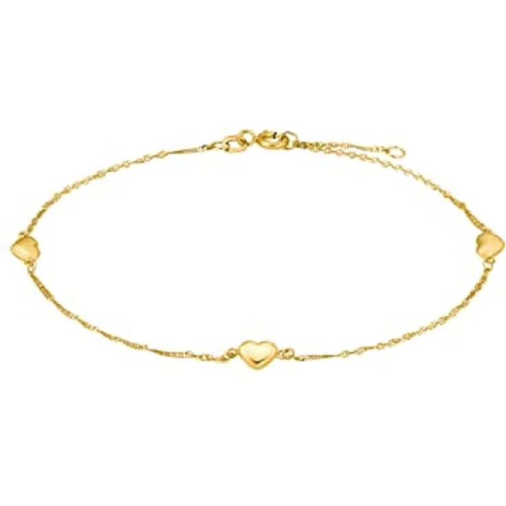 Amor Fußkette Golden Anklet, filigrane Fußkette mit 3 Herzen aus 375 Gold, verstellbar von 23 bis 25 cm
