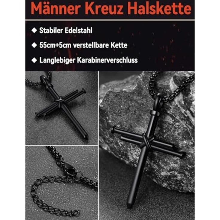FaithHeart Kreuz Kette Herren 55CM, Edelstahl Venezianierkette mit Kreuz Anhänger in Schwarz, wasserdicht und hypoallergen – Bild 2