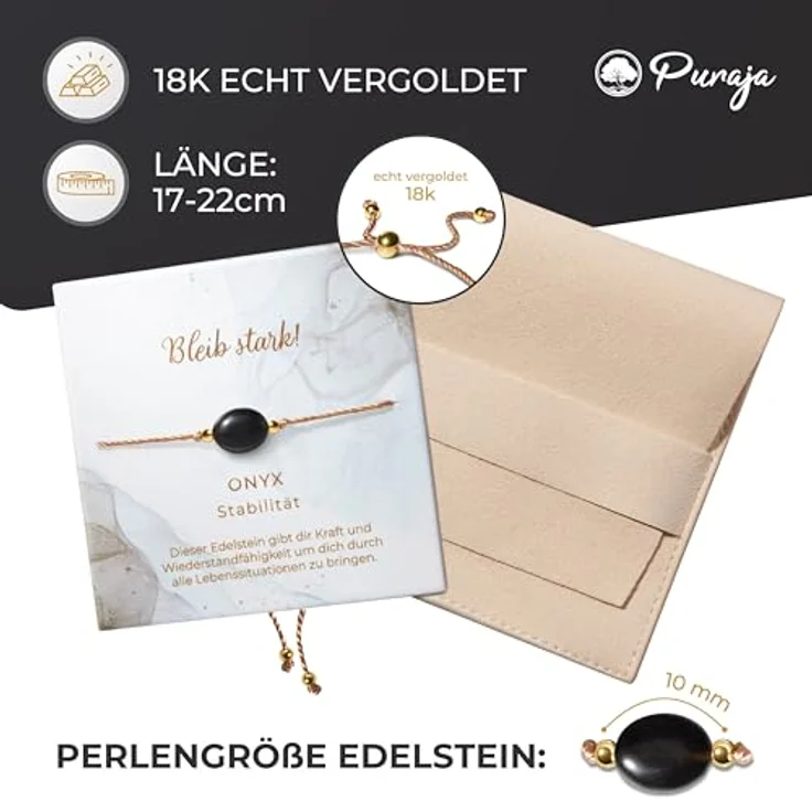 PURAJA Onyx Armband Damen, handgefertigt mit 18k echt vergoldeten Edelstahl Perlen, Glücksarmband für Mut und kraftvolle Energie, verstellbar bis 23cm – Bild 5
