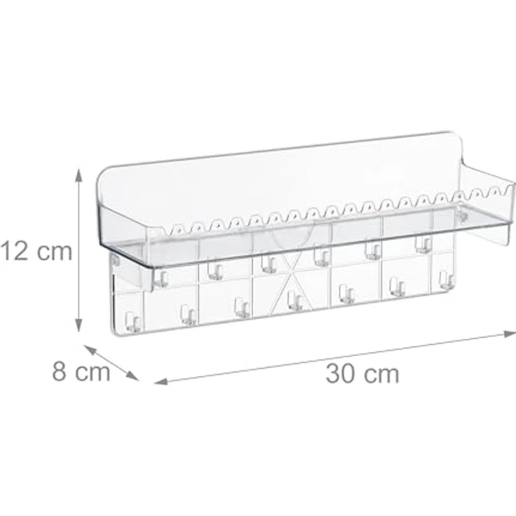 Relaxdays Schmuckhalter Wand, transparenter Schmuckorganizer mit 13 Haken und 18 Ohrringsteckplätzen, HBT 12 x 30 x 8 cm, hängend und mit Ablage – Bild 4