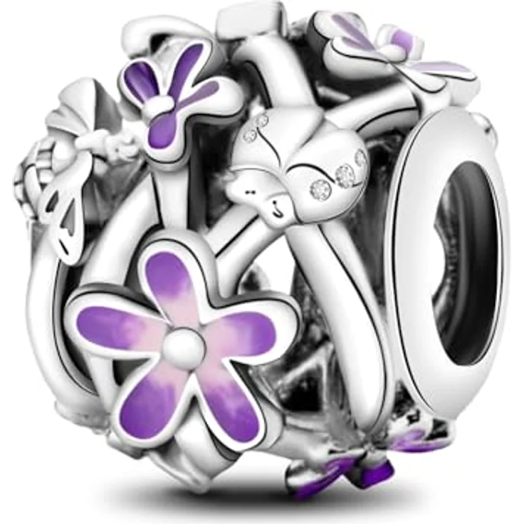 Ruaidhra Sterling Silber S925 Lilafarbenes Gänseblümchen Charm Anhänger für Armbänder, hypoallergen, Geschenkbox enthalten – Bild 1