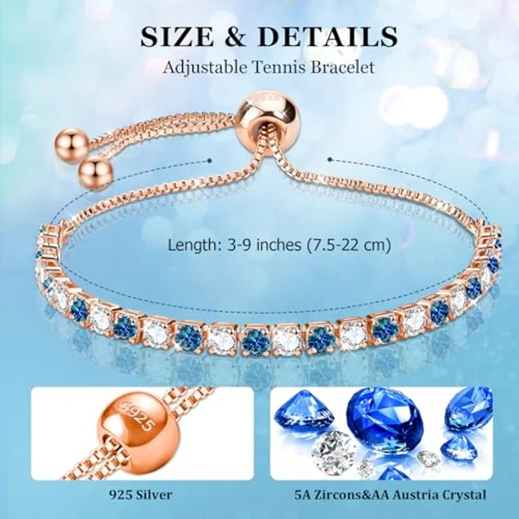 J.Fée Tennisarmband Rosegold, verstellbares Armband aus Sterlingsilber mit blauem Kristall und klaren 5A Zirkonia, hypoallergen, Geschenkbox für Muttertag – Bild 2