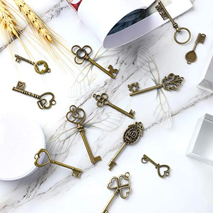 SANNIX Vintage Skelett Schlüssel Set, 48 Stück mit 50 Paar weißen Libellenflügeln und 30m elastischer Kristallschnur für DIY Schmuckherstellung und Dekoration – Bild 4