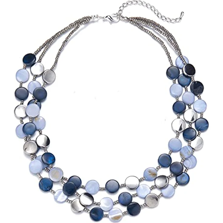 FULU AUTUMN Damen Statement Kette mit Muschel- und Silberperlen, mehrreihig, blau, 17 Zoll mit Verlängerung – Bild 1