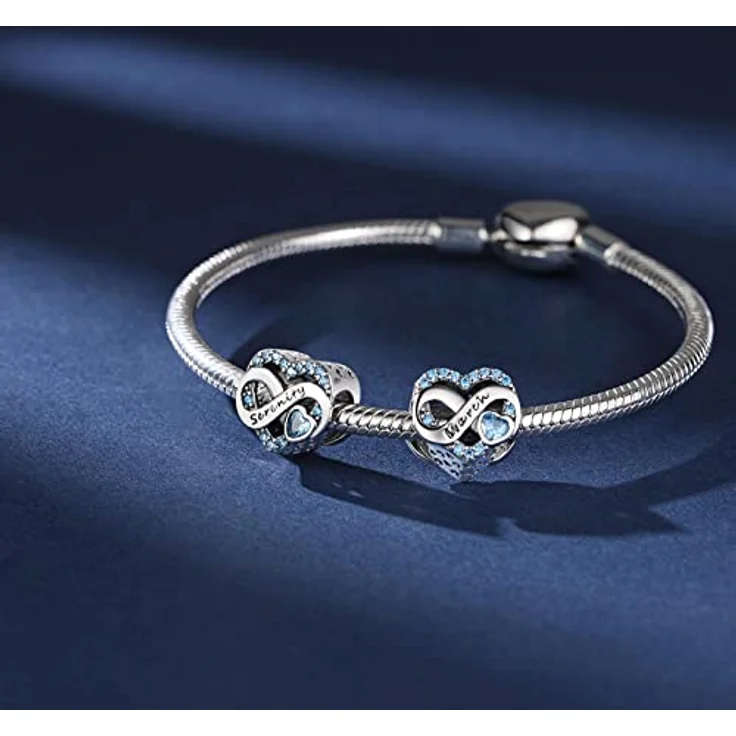 BIZK Damen Unendlichkeit Geburtsstein Charm Anhänger, 925 Sterling Silber mit blauem Zirkon für März, kompatibel mit europäischen Armbändern, ideal als Geburtstagsgeschenk – Bild 2