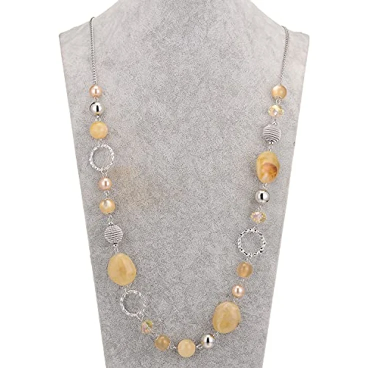 Bulinlin Damen Lange Perlenkette Boho Silber Metallkette mit Harz- und Glaskristallperlen, 35 Zoll + 3 Zoll verstellbar, Beige – Bild 3