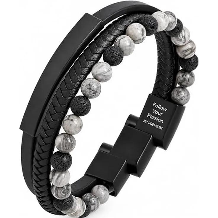 KC Premium Männer Lederarmband mit Lavastein Jasper Perlen, Handgemacht mit inspirierender Gravur, Größenverstellbar mit Magnetverschluss Edelstahl, Lieferung in Geschenk Schmuckbox (Silber Grau Schwarz)