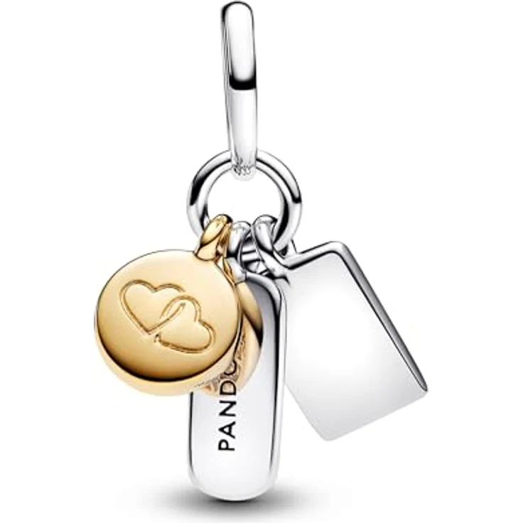 PANDORA Moments Dreifacher Freundschafts-Charm-Anhänger aus Sterling Silber mit vergoldeter Metalllegierung und Zirkonia, gravierte Herzen, kompatibel mit Moments und ME Armbändern, 763436C01 – Bild 2
