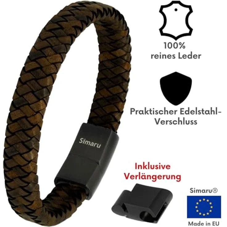 Simaru Narvik Lederarmband, geflochtenes Echtleder-Armband mit Edelstahl-Magnetverschluss, 12mm breit, Made in Germany – Bild 2