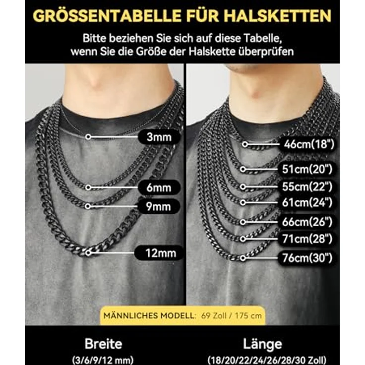 ChainsHouse Panzerkette Halskette, Edelstahl Männer Kette 12mm Glieder, 46cm, schwarz, antiallergen, Hip Hop Halsschmuck – Bild 4