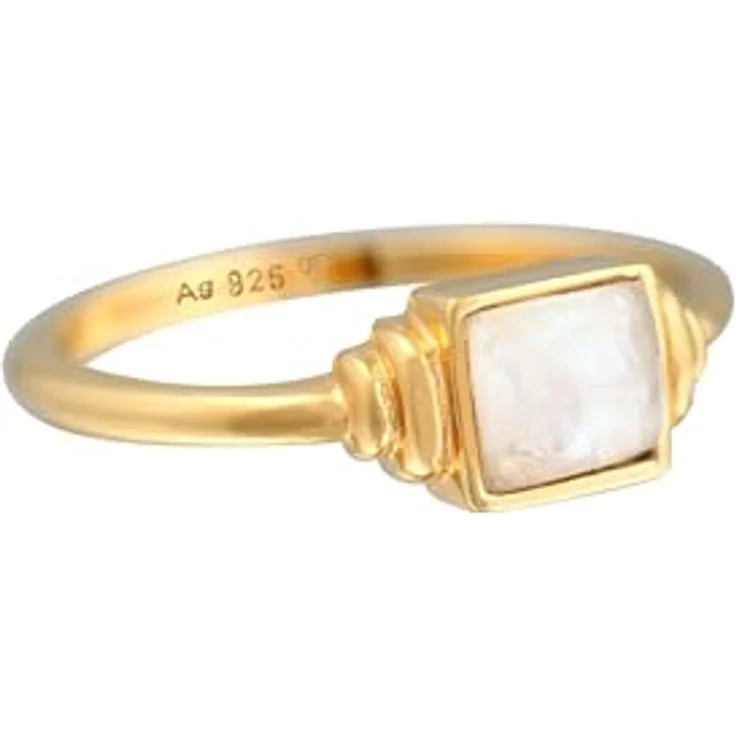 Elli Ring Damen Quadrat Vintage mit Mondstein, 925 Sterling Silber vergoldet, handgefertigt – Bild 4