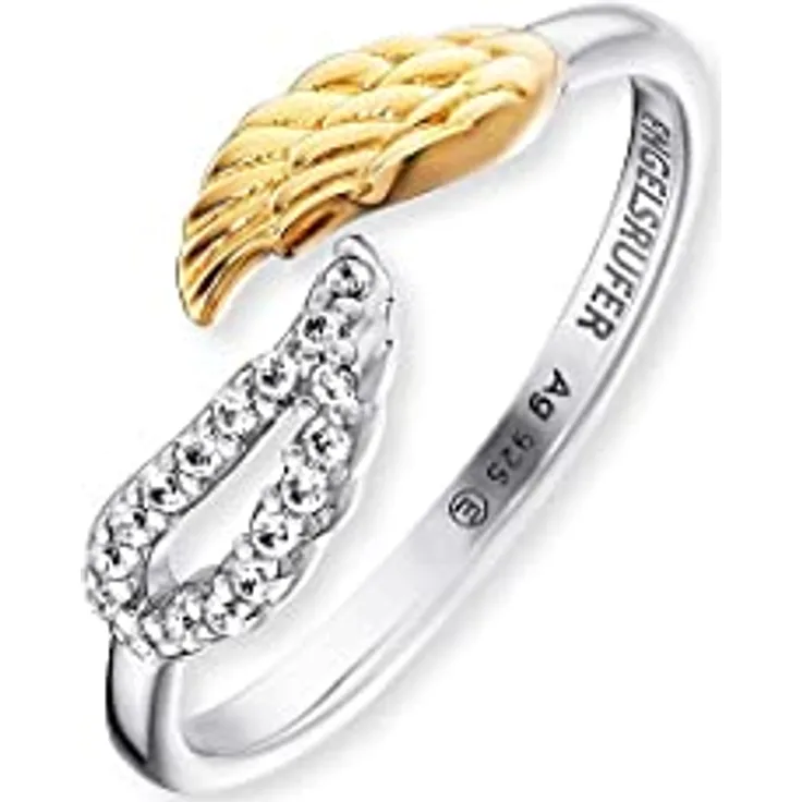 Engelsrufer ERR-TWINWING-ZI-G, Damen-Ring aus 925 Sterling Silber mit goldfarbenen Engelsflügeln und Zirkonia, größenverstellbar, nickelfrei