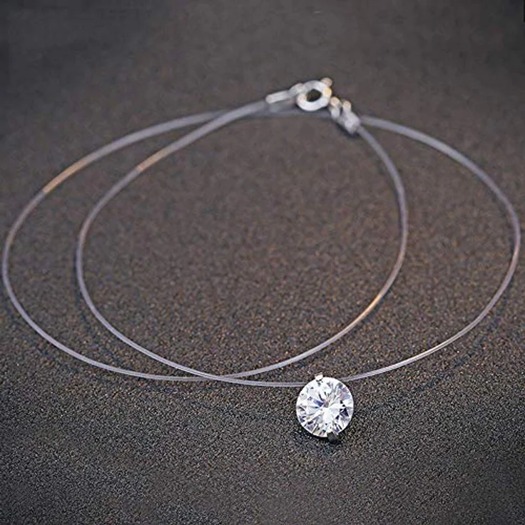 Belons Schwebender Stein Kette Damen, 925 Sterling Silber, 8mm Zirkonia Anhänger, transparente Nylonkette, Choker, 40cm Länge – Bild 3