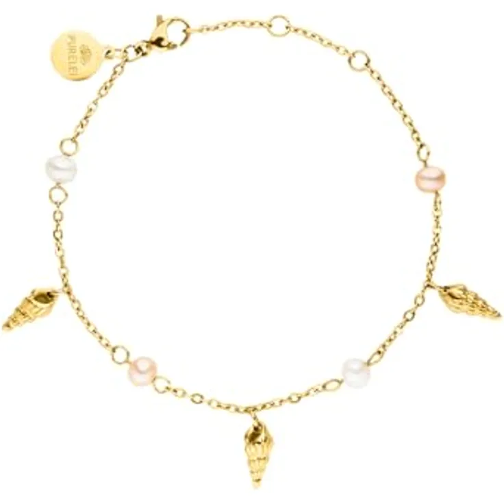 Purelei Akala Armband Damen – Edelstahl 18K vergoldet, echte Süßwasserperlen & Muschelanhänger, verstellbar 16-19 cm, wasserfest, sommerliches Design