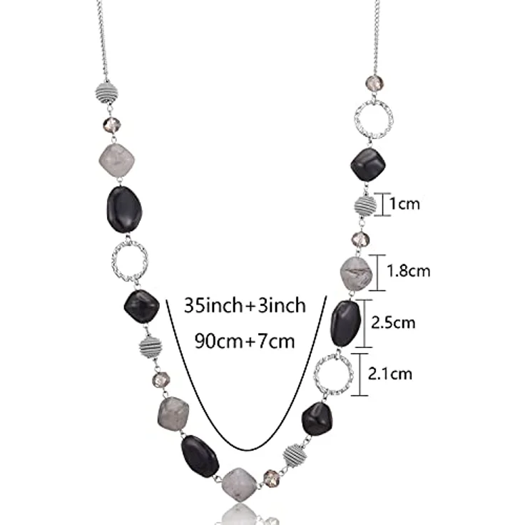 Bulinlin Silber Perlenlange Kette für Damen, Boho Statement Chain, 35+3 Zoll, Schwarz und Grau, Modeschmuck für Geburtstagsgeschenke – Bild 5