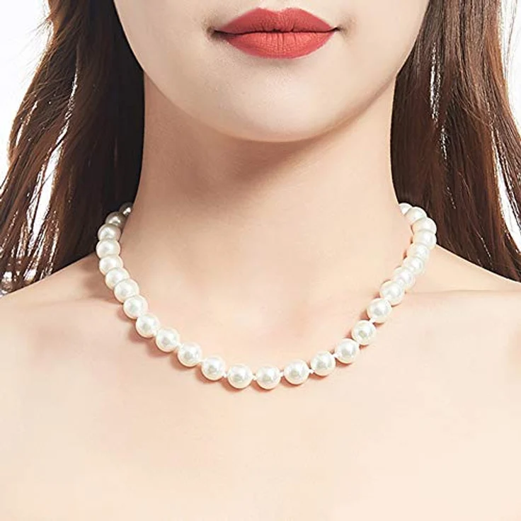 Bulinlin Damen Muschel Perlenkette Boho Choker Halskette mit Silber und 10mm weißen Perlen – Bild 2