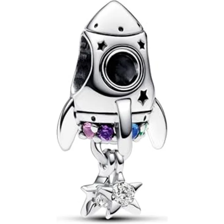 PANDORA Moments Weltraumliebe Raketen-Charm, Sterling Silber mit künstlichen Kristallen, kompatibel mit Moments Armbändern, 792831C01
