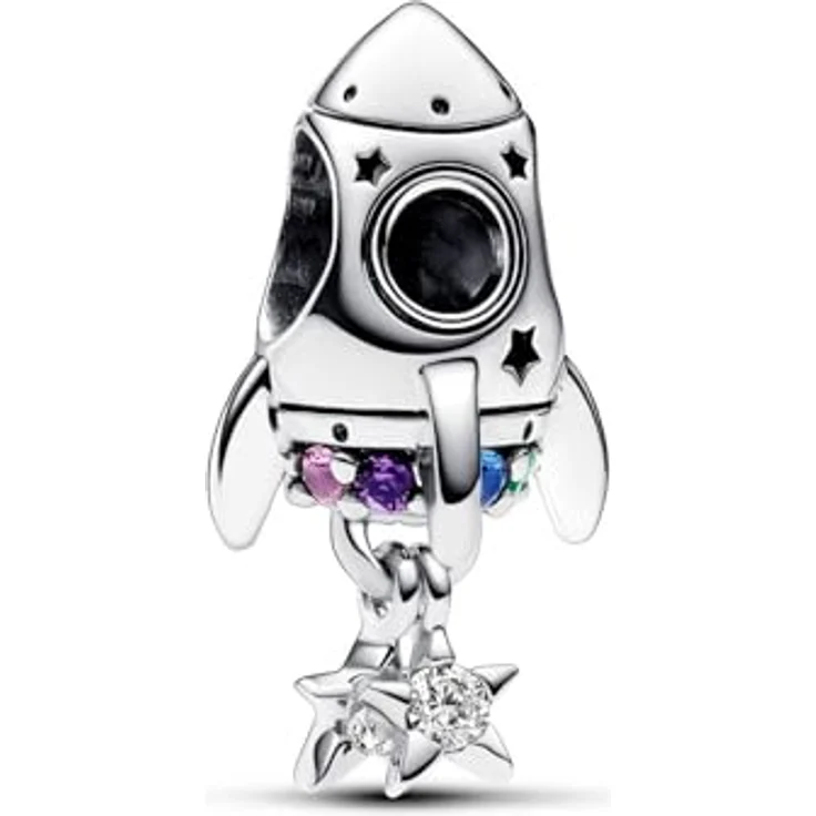 PANDORA Moments Weltraumliebe Raketen-Charm, Sterling Silber mit künstlichen Kristallen, kompatibel mit Moments Armbändern, 792831C01 – Bild 1
