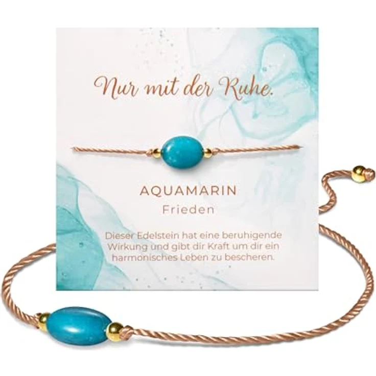 PURAJA Edelstein Armband Damen Aquamarin, handgemacht mit 18k echt vergoldeten Edelstahl Perlen, verstellbar bis 23cm, Glücksarmband für inneren Frieden und Selbstbewusstsein – Bild 1