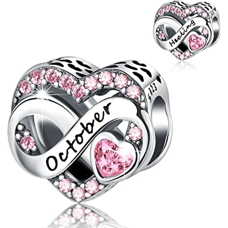 BIZK Damen Unendlichkeit Geburtsstein Charm Anhänger, 925 Sterling Silber mit rosa Zirkon für Armband, Oktober Geburtsstein Geschenk – Bild 1