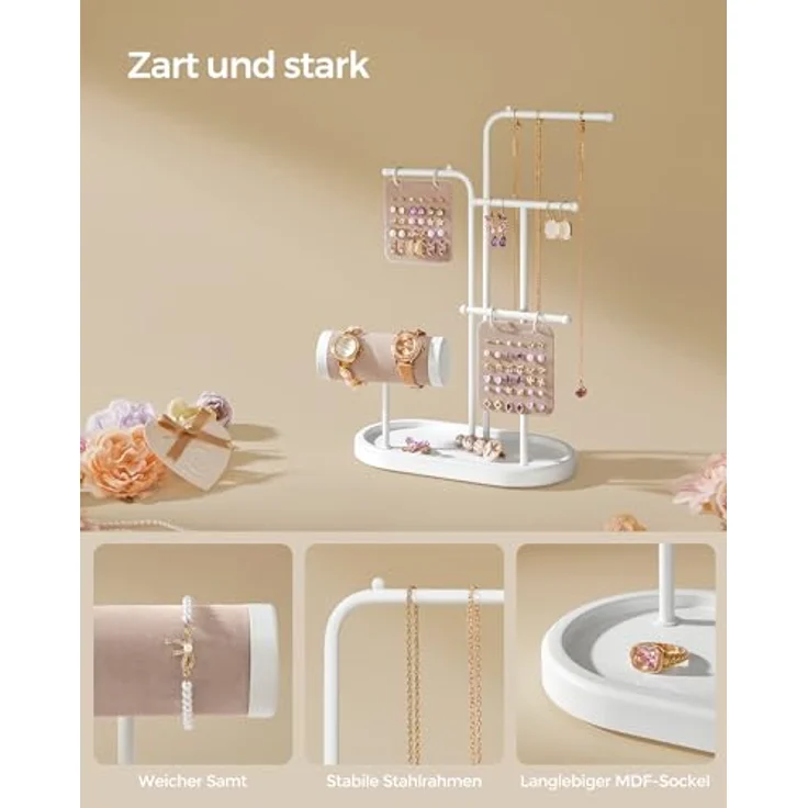 SONGMICS Schmuckständer JJS025W01, Metallrahmen mit 2 Ohrring-Organizern, 4 Hängestangen und ovalem Schmucktablett, wolkenweiß, für Ohrringe, Armbänder und Ringe – Bild 5