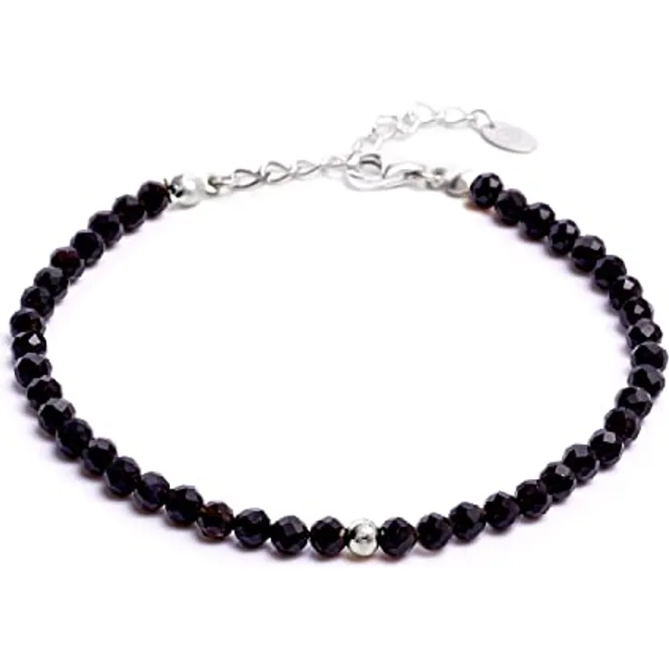BERGERLIN Obsidian Armband schwarz mit 925 Sterling Silberperle, facettiertes Naturstein-Armband, Größe M-L