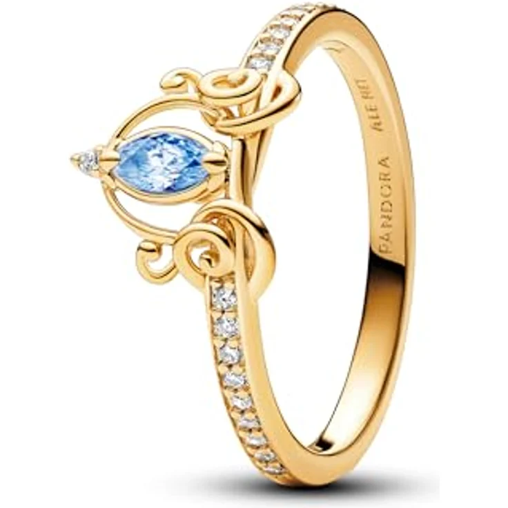 Pandora Damenring Disney Cinderellas Kutsche, goldfarben mit blauem und weißen Zirkonia, Größe 52/16,6 – Bild 1