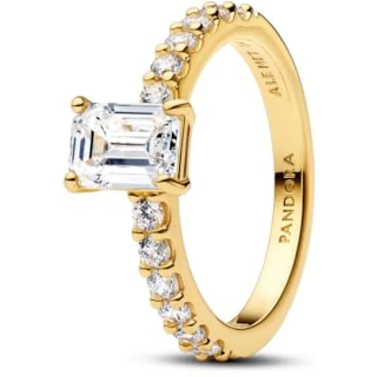 PANDORA Ring Rechteckiger Halo, 14 Karat Vergoldung mit Cubic Zirkonia, Damen Statement Ring mit erhabenem Stein und Pavé Ringschiene, Größe 52, 164506C01-52