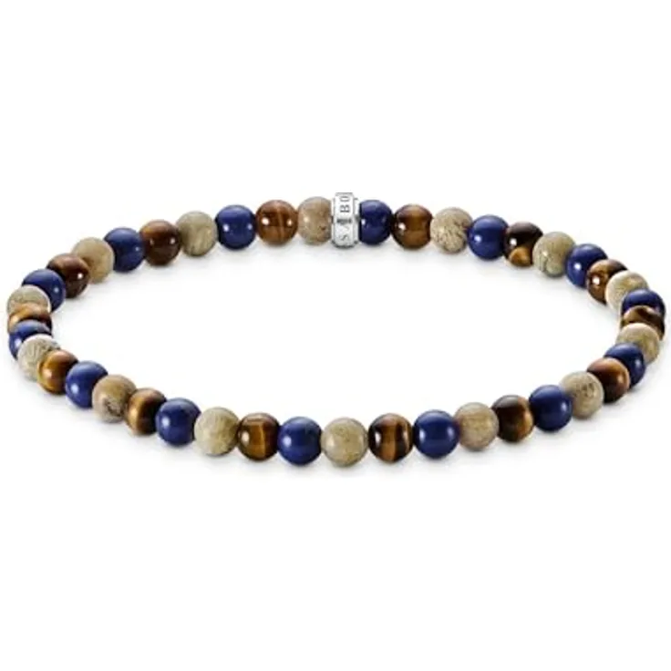 THOMAS SABO Armband mit braunen und blauen Perlen, Stretch-Armband aus Gänseblümchen-Jaspis, Imit. Lapislazuli und Tigerauge, Größe 17 cm