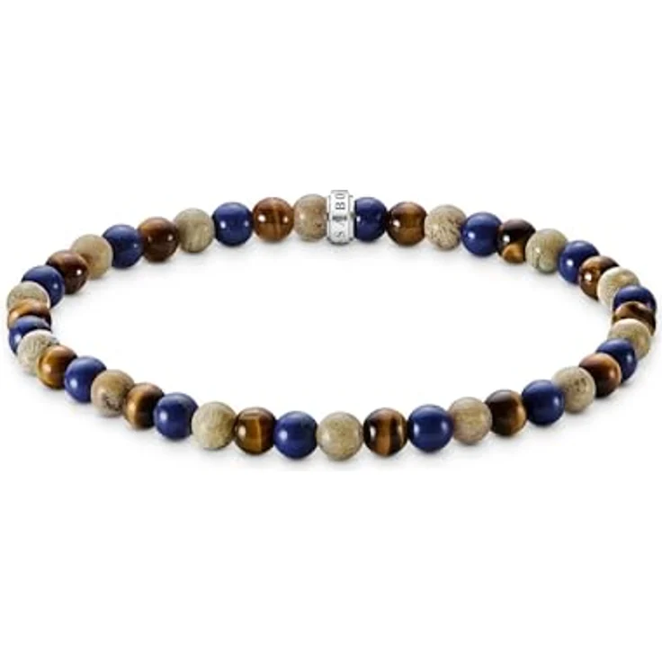 THOMAS SABO Armband mit braunen und blauen Perlen, Stretch-Armband aus Gänseblümchen-Jaspis, Imit. Lapislazuli und Tigerauge, Größe 17 cm – Bild 1