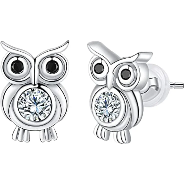 Arrebol Eule Ohrringe Damen 925 Sterling Silber Ohrstecker mit 3A Zirkonia, 11mm x 7.5mm - Tierschmuck für Frauen und Mädchen, ideales Geschenk – Bild 1