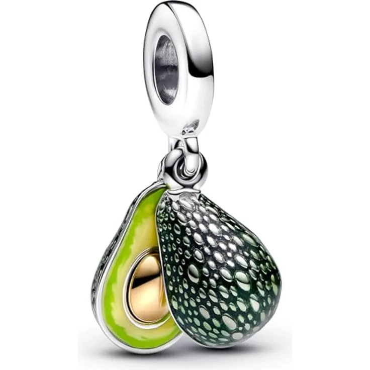 PANDORA Avocado Doppelter Charm-Anhänger, Sterling-Silber mit 14 Karat Vergoldung, handbemalt mit drei Grüntönen, kompatibel mit ME und Moments, Maße: 8 x 11,8 x 8,5 mm, 763405C01
