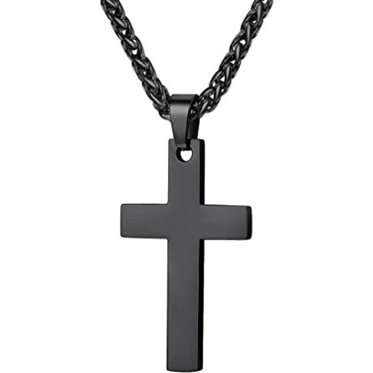 PROSTEEL Edelstahl Kreuz Kette, Halskette mit großem Kreuz-Anhänger 43mm*20mm, verstellbar 50cm/55cm, Schwarz, Christentum Schmuck